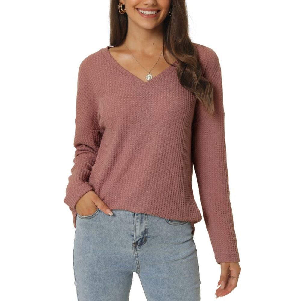 Waffle Knit Tops V Neck Slouchy Loose Blouse Lightweight Pullover Brick Red